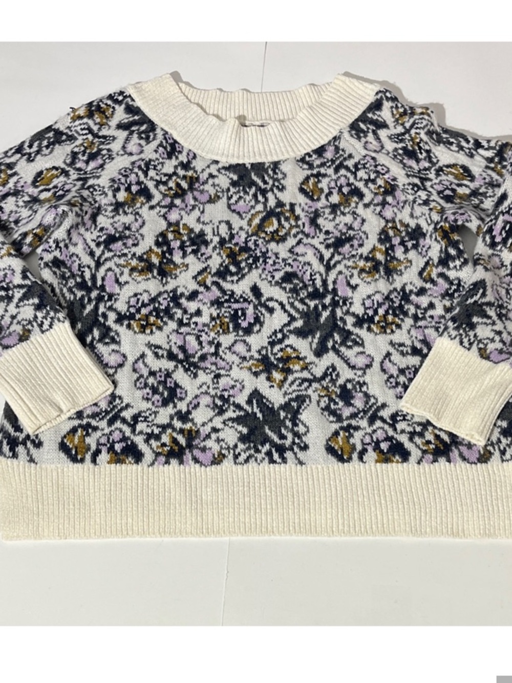 LOFT Floral Cream Sweater Large Wool Mohair Blend Super Soft Fall Winter Purple